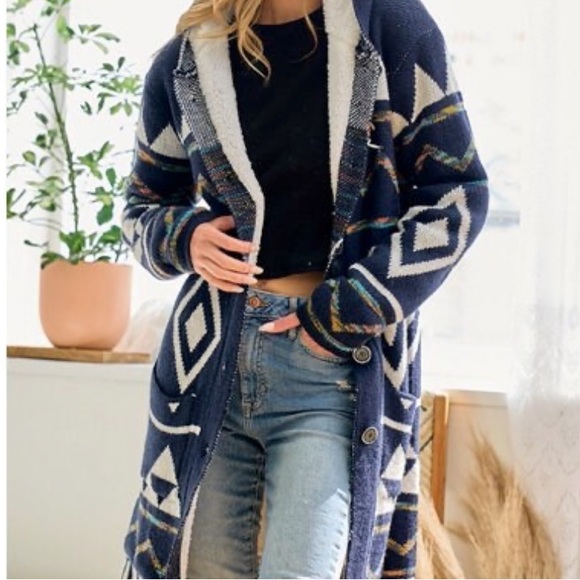 Navy Blue Aztec fringe Cardigan Sherpa Lined - Picture 3 of 5